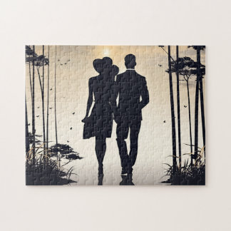 Zonsopgang Stroll: Zwart & Wit Silhouet Paar Legpuzzel