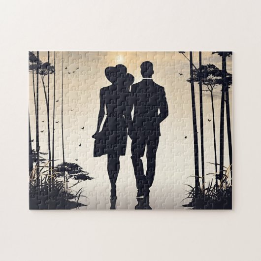 Zonsopgang Stroll: Zwart & Wit Silhouet Paar Legpuzzel (Horizontaal)