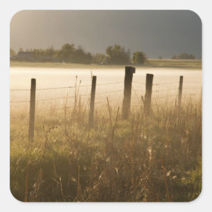 Zonsopgang verlicht mist langs hek bij Charlo Vierkante Sticker