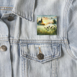 Zonsopgangkerk met vogels in nevelige weide Geen t Vierkante Button 5,1 Cm