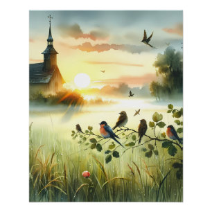 Zonsopgangkerk met vogels in nevelige weide Geen v Perfect Poster