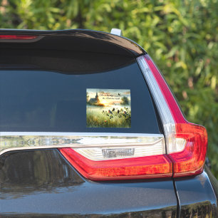 Zonsopgangkerk met vogels in nevelige weide sticker