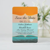 Zonsopgangschildering op het strand in oranje luch save the date (Staand voorkant)