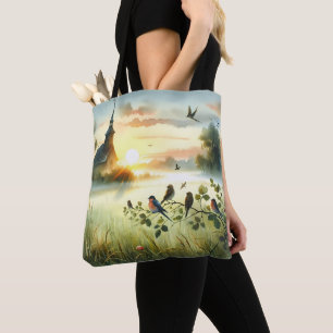 Zonsopgangskerk met Vogels in Nevelig Weiland Geen Tote Bag