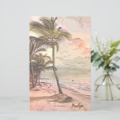 Zonsopgangstrand met palmbomen en naam briefpapier (Staand voorkant)