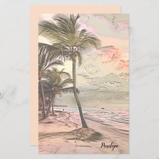 Zonsopgangstrand met palmbomen en naam briefpapier (Voorkant / Achterkant)