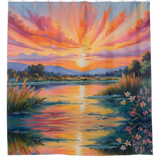 Zonsopkomst bij de vijver waterverf douchegordijn (Voorkant)