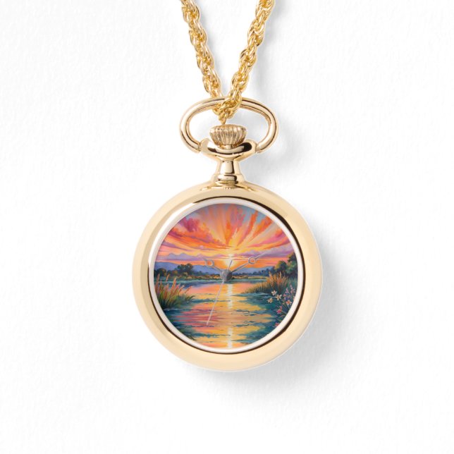 Zonsopkomst bij de vijver waterverf horloge (Voorkant)