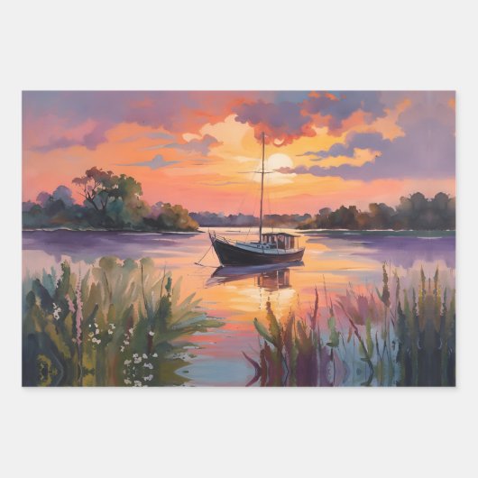 Zonsopkomst bij de vijver waterverf/Serene landsch Inpakpapier Vel (Voorkant 3)