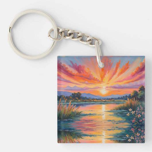 Zonsopkomst bij de vijver waterverf sleutelhanger (Voorkant)
