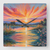 Zonsopkomst bij de vijver waterverf vierkante klok (Voorkant)