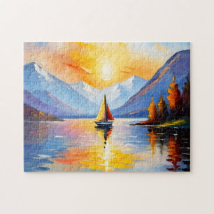 Zonsopkomst boven een meer en besneeuwde bergen legpuzzel