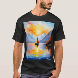 Zonsopkomst boven een meer en besneeuwde bergen t-shirt