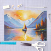 Zonsopkomst boven een meer en besneeuwde bergen tissuepapier (Craft)