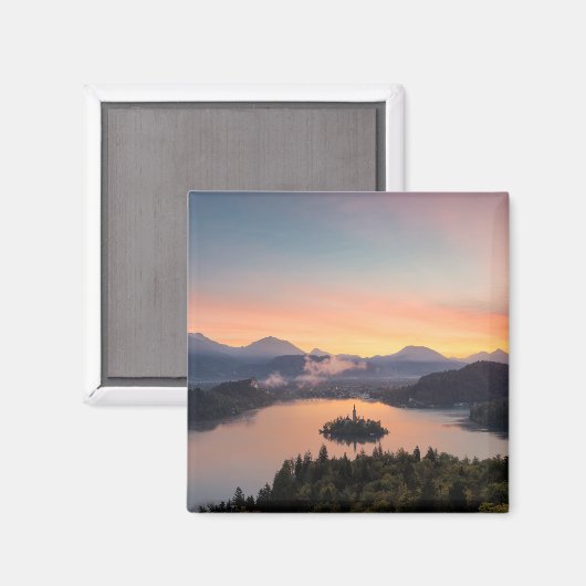 Zonsopkomst boven het meer Bled magneet (Voorkant / Achterkant)
