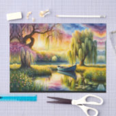 Zonsopkomst boven vijver bij wilgenboom tissuepapier (Craft)
