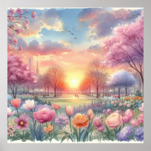 Zonsopkomst in een park met bloemen pastel waterve poster