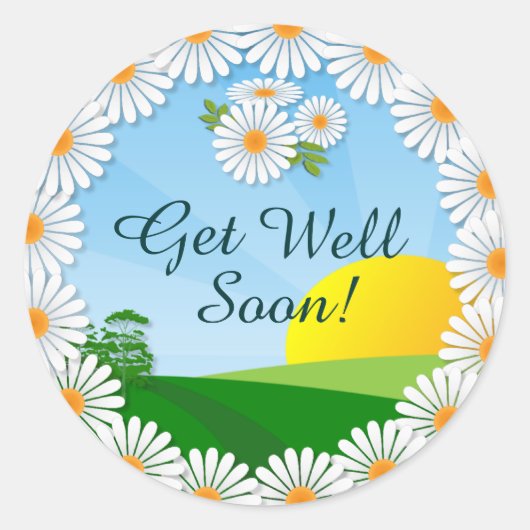 Zonsopkomst met Daisy Border Get Well Binnenkort Ronde Sticker (Voorkant)