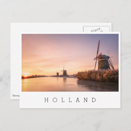 Zonsopkomst over bevroren rivier met windmolens en briefkaart (Voorkant / Achterkant)
