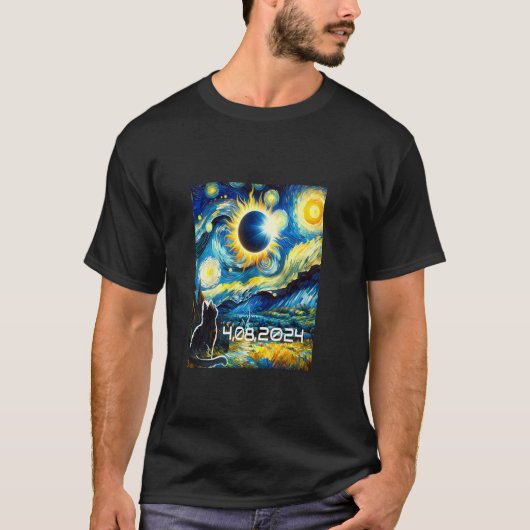 Zonsverduistering 2024 Tshirt Kat met Van Gogh Ste (Voorkant)