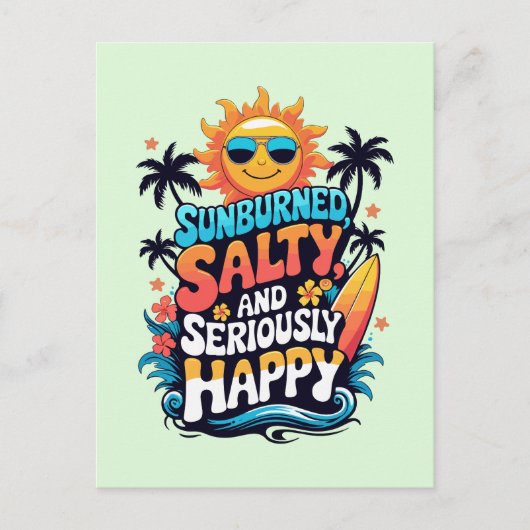 Zonverbrand Zout en Gelukkig - Retro Beach Vibes Feestdagenkaart (Voorkant)
