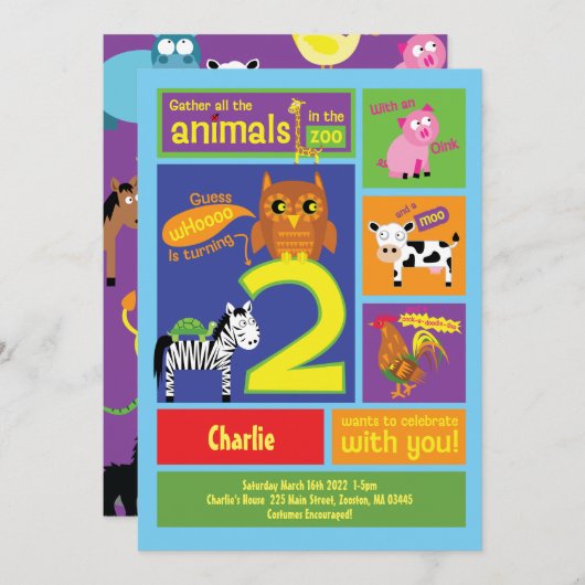 Zoo 2e verjaardag van uitnodigingen voor de 2-jari (Voorkant / Achterkant)