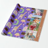 Zoo Animal Pattern Paars Happy Birthday Foto Cadeaupapier (Uitgerold)