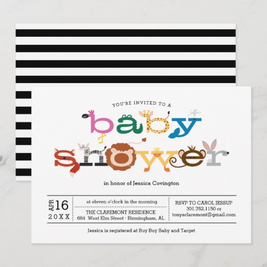 Zoo Animal Theme Baby shower Invitation Kaart (Voorkant / Achterkant)