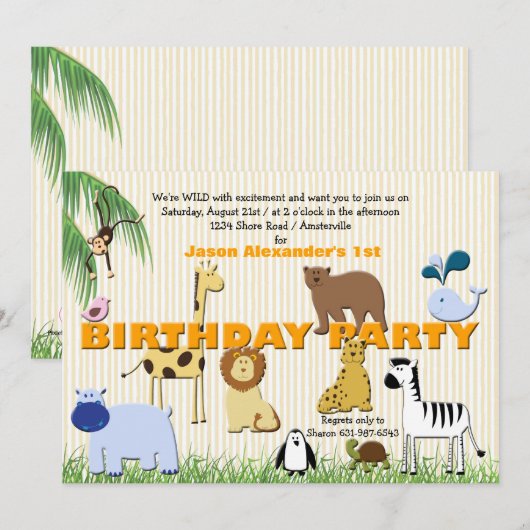 Zoo Animals Birthday Party Invitation Kaart (Voorkant / Achterkant)
