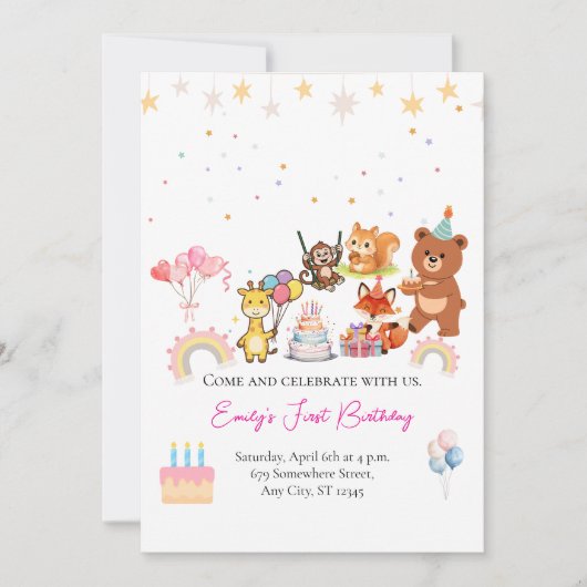 Zoo animals cute first birthday invitation kaart (Voorkant)