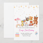 Zoo animals cute first birthday invitation kaart (Voorkant / Achterkant)