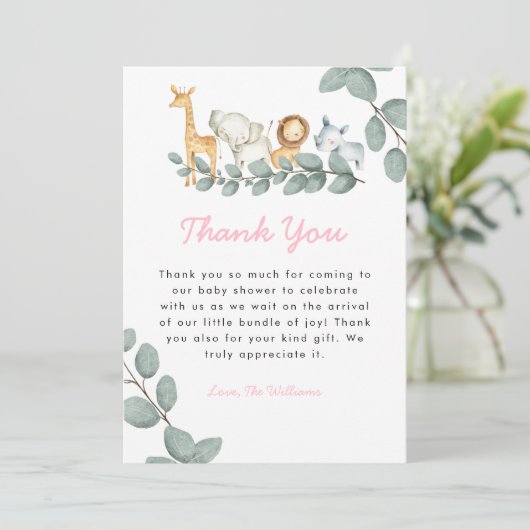 Zoo Animals Girl Baby shower Hartelijk dank Bedankkaart (Staand voorkant)