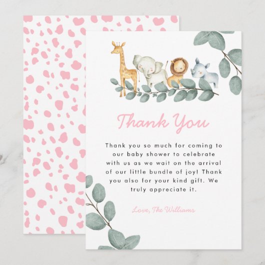 Zoo Animals Girl Baby shower Hartelijk dank Bedankkaart (Voorkant / Achterkant)