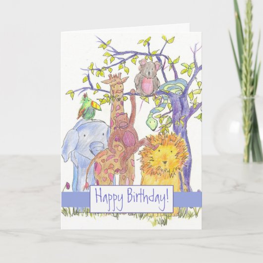 Zoo Animals Happy Birthday Giraffe Lion Elephant Kaart (Voorkant)