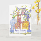 Zoo Animals Happy Birthday Giraffe Lion Elephant Kaart (Gele Bloem)