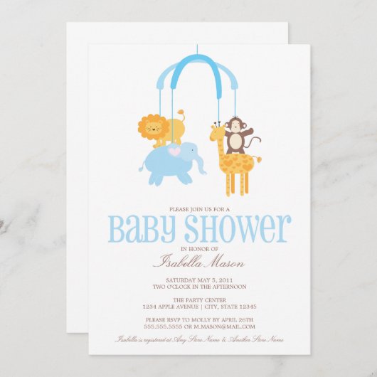 Zoo Animals Mobile Baby shower nodigt uit Kaart (Voorkant / Achterkant)