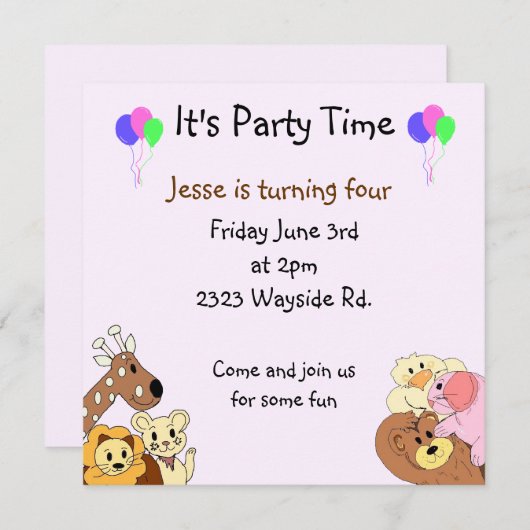 Zoo Animals Party Invitation Kaart (Voorkant / Achterkant)