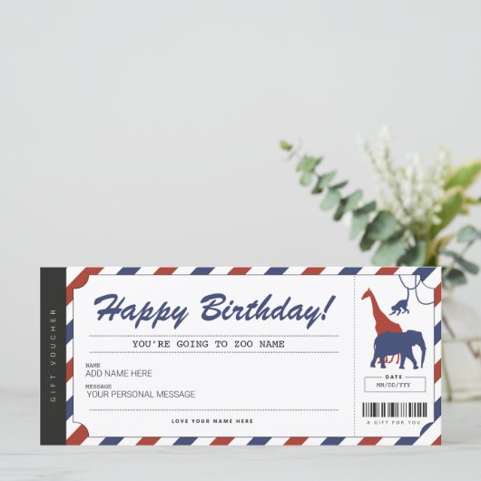 Zoo Birthday Gift Ticket Voucher Certificate (Staand voorkant)