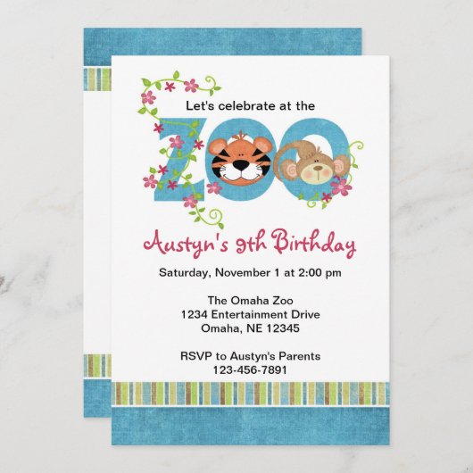 Zoo Birthday Party Invitations Kaart (Voorkant / Achterkant)