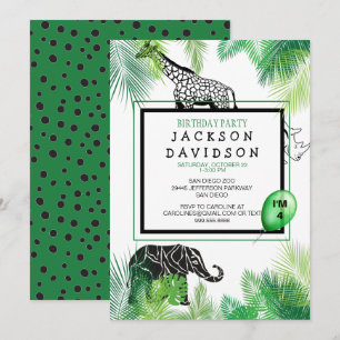 Zoo Boy's Birthday Party Foliage Giraffe Elephant Kaart