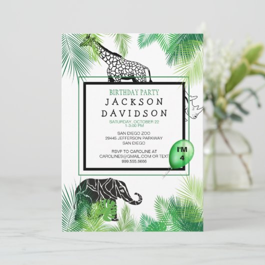 Zoo Boy's Birthday Party Foliage Giraffe Olifant Kaart (Staand voorkant)