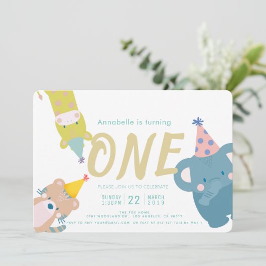 Zoo Dieren Olifant Gold Glitter 1e Verjaardag Kaart (Staand voorkant)