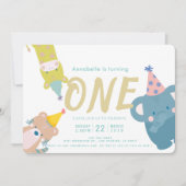 Zoo Dieren Olifant Gold Glitter 1e Verjaardag Kaart (Voorkant)