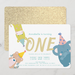 Zoo Dieren Olifant Gold Glitter 1e Verjaardag Kaart
