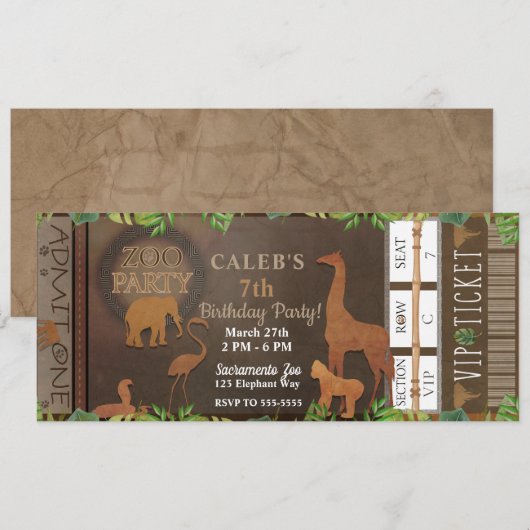 ZOO FEESTJE Bruine Dieren Verjaardagsfeest Ticket Kaart (Voorkant / Achterkant)