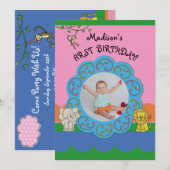 Zoo Funnies Girl First Birthday Foto Kaart (Voorkant / Achterkant)