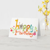 Zoo Happy First Birthday Kaart (Gele Bloem)