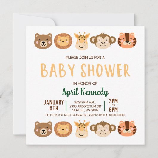 Zoo Oerwoud Safari Animal Baby shower Kaart (Voorkant)