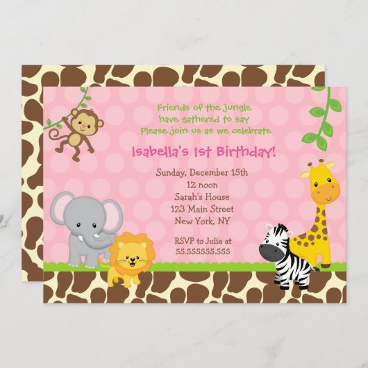 Zoo Oerwoud Safari Verjaardagsfeestje Uitnodiginge Kaart (Voorkant / Achterkant)