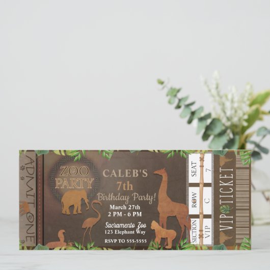 ZOO PARTY Brown Animals Birthday Party Ticket Kaart (Staand voorkant)